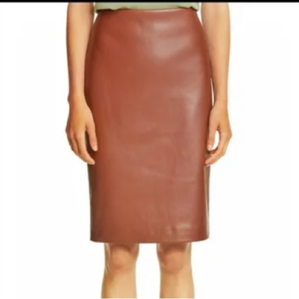 NWT Theory Classic Skinny Pencil Skirt Bedford Faux Leather Chestnut Brown 2